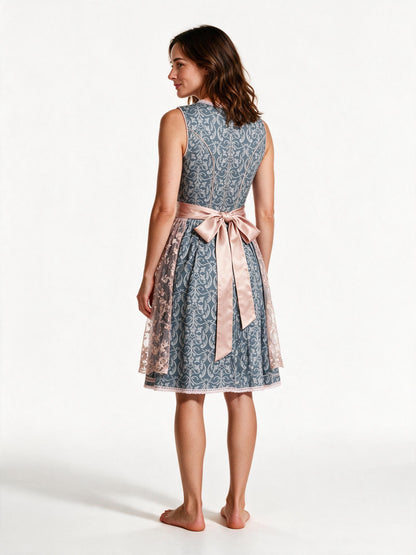 Blue-grey damask dirndl, back view showing the blush satin sash bow