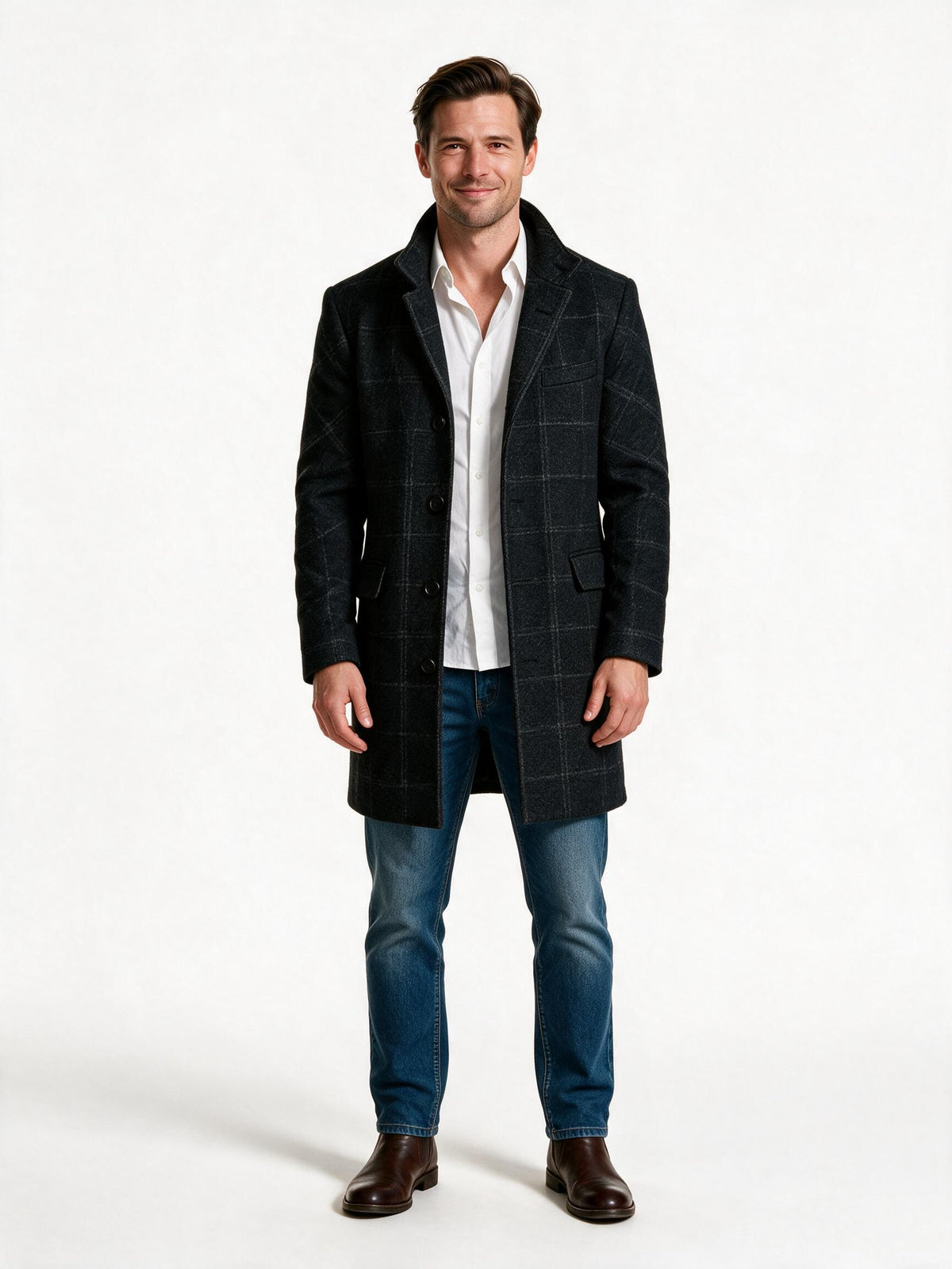 Men's tailored wool overcoat in black check, front view