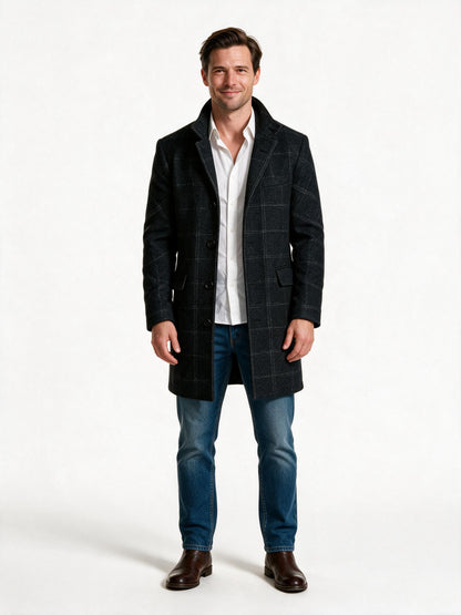 Men's tailored wool overcoat in black check, front view
