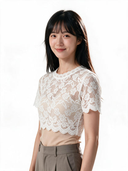 Floral lace crop top in white