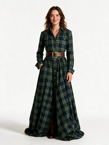 Marlowe belted tartan maxi dress in green tartan, front view on a white studio background