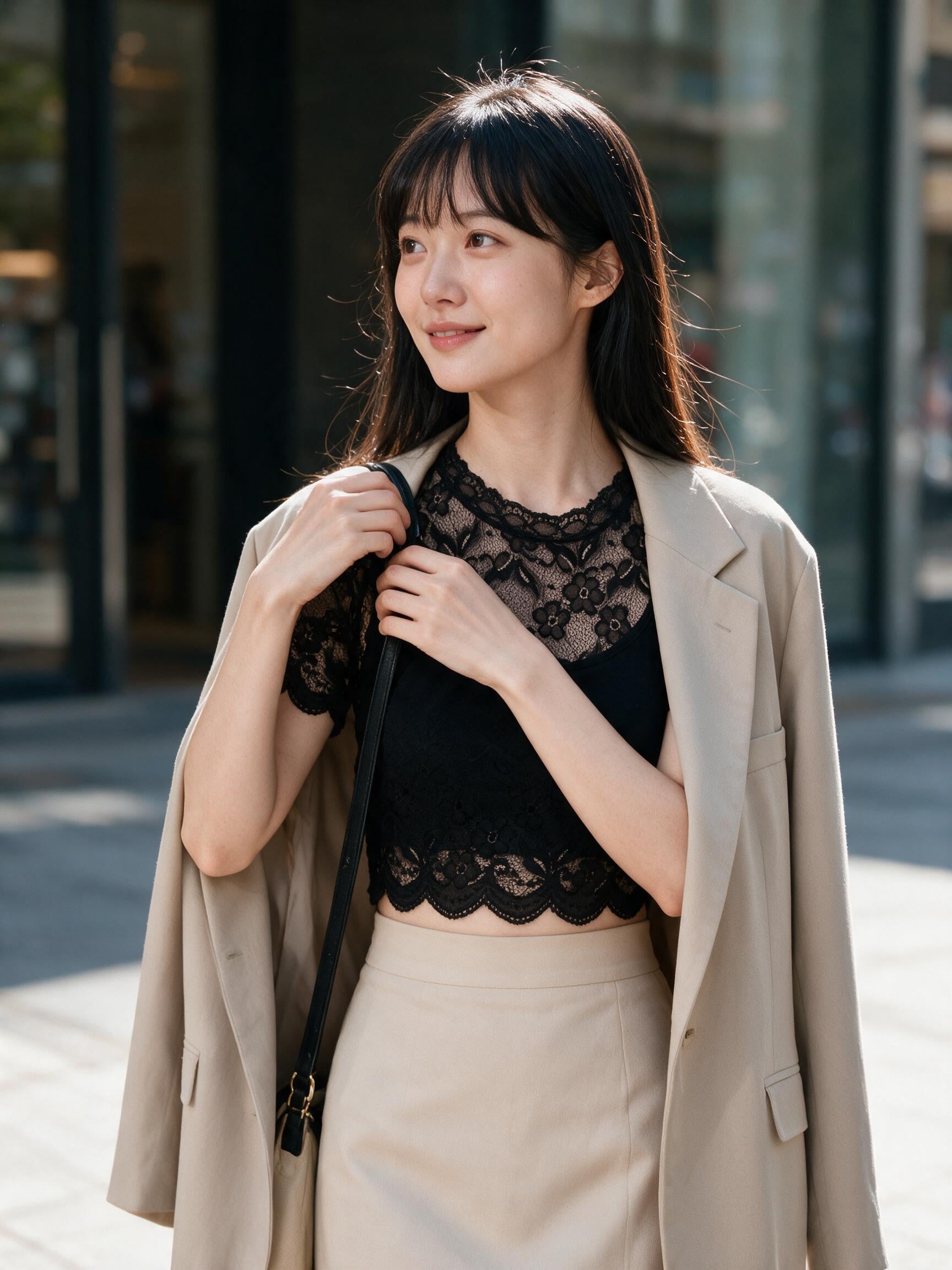 Woman wearing the black lace crop top on a city street