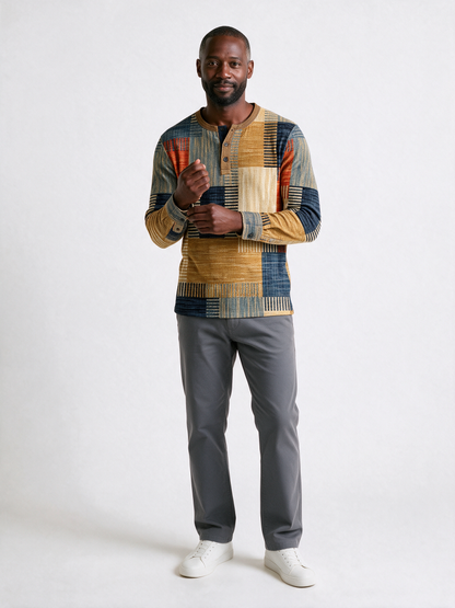 Henrik patchwork print henley in ochre gold, rust and deep navy - front view