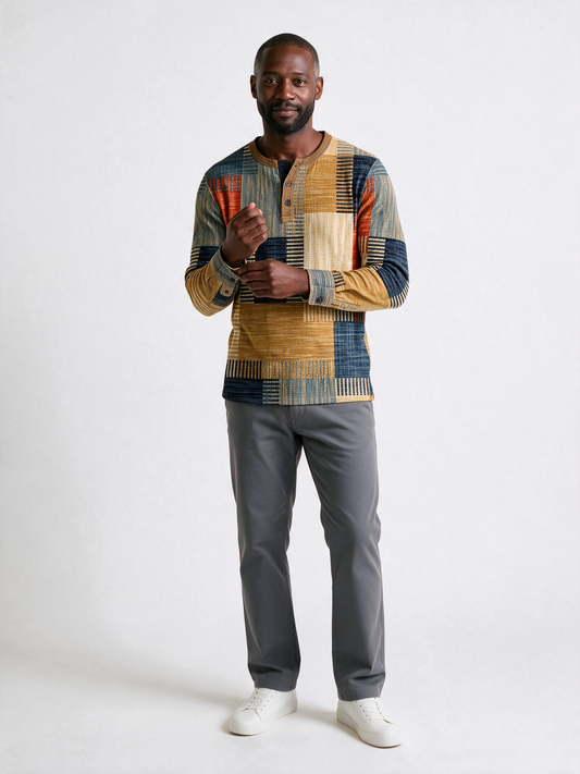Henrik patchwork print henley in ochre gold, rust and deep navy - front view