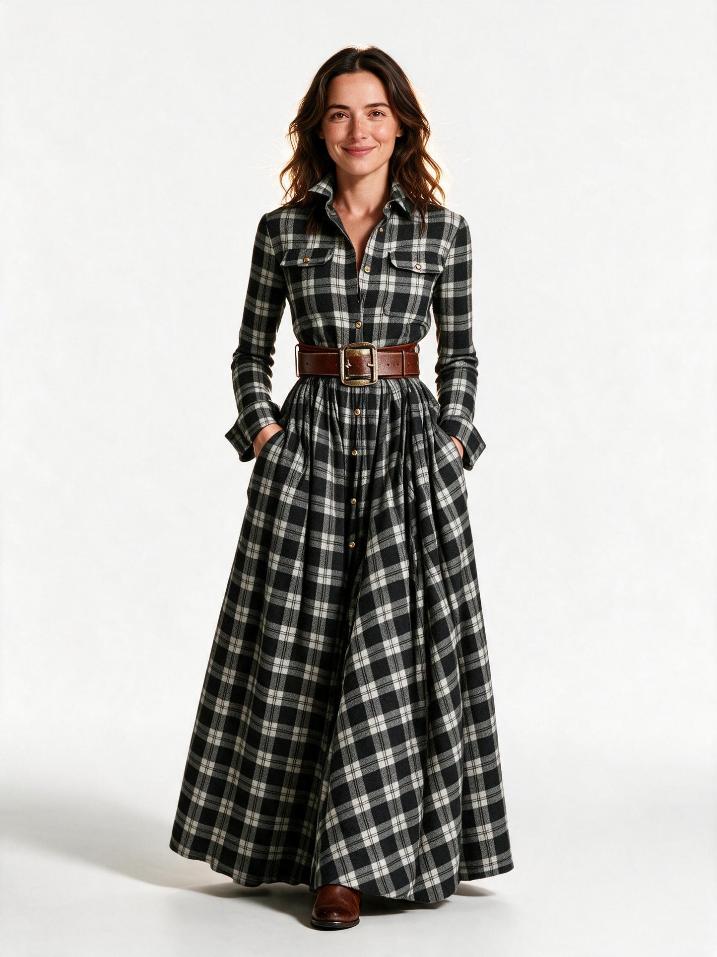 Marlowe belted tartan maxi dress in black and white tartan, front view on a white studio background