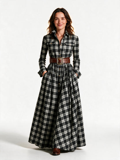 Marlowe belted tartan maxi dress in black and white tartan, front view on a white studio background