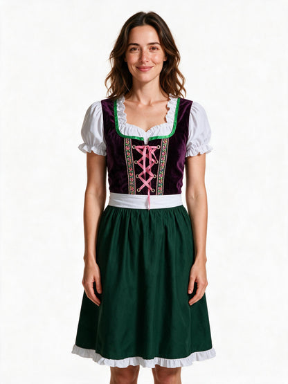 Purple velvet dirndl dress with green skirt and embroidered braid, front view