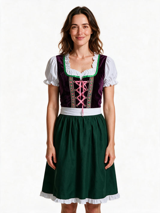 Purple velvet dirndl dress with green skirt and embroidered braid, front view