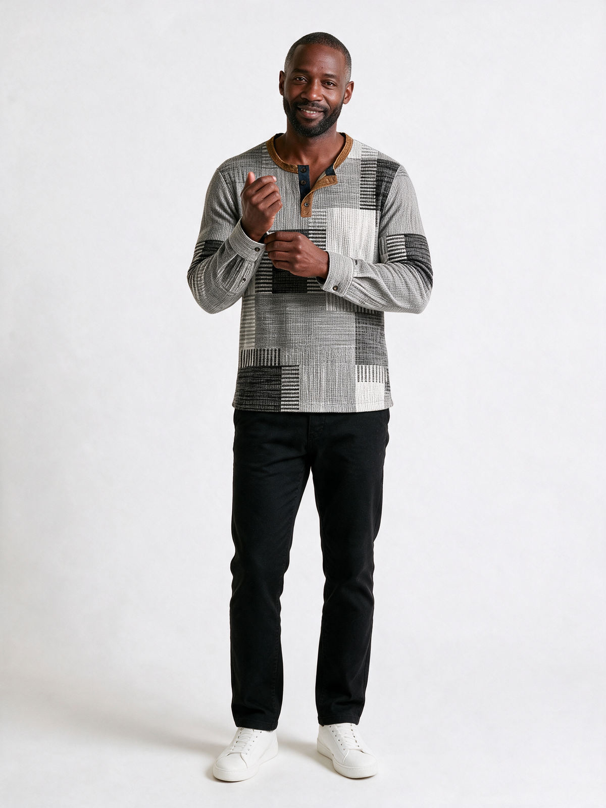Henrik patchwork print henley in grey, white and black with a tan placket - front view