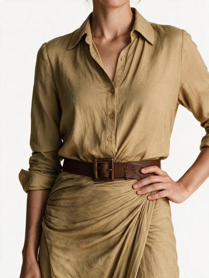 Close-up of the Vivienne cotton-Tencel weave, button placket and wide brown leather belt