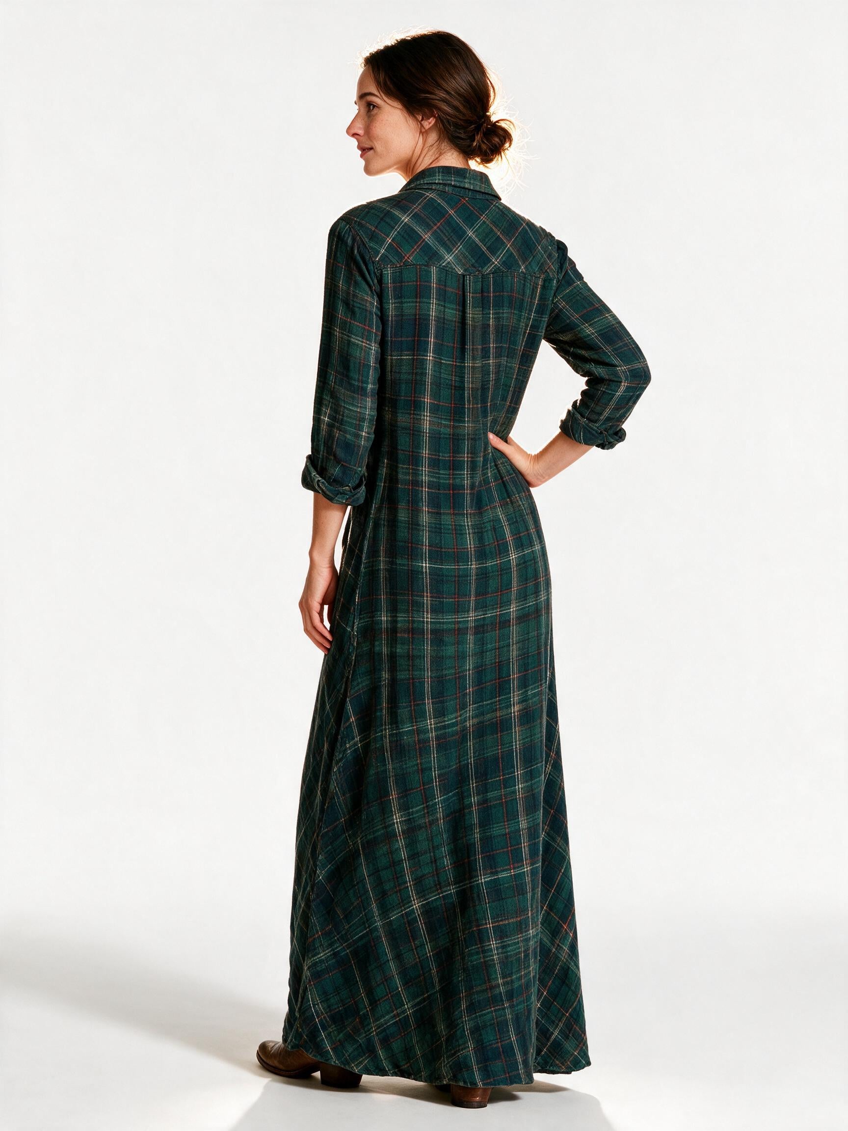Back view of the green Tamsin plaid flannel maxi shirt dress showing the yoke and straight skirt