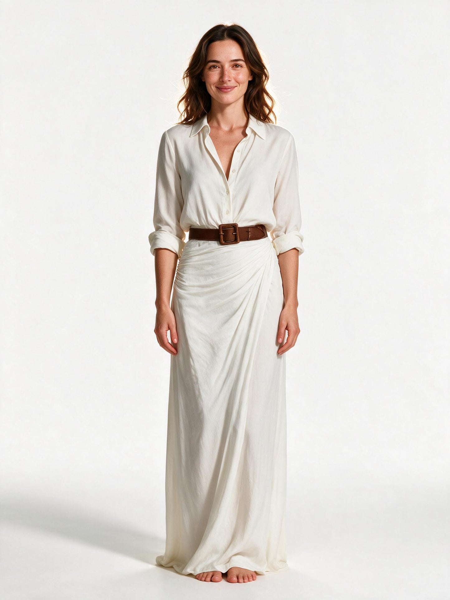 Vivienne belted collar maxi shirt dress in white, front view on a white studio background