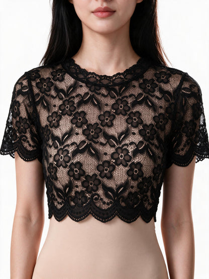 Close detail of the scalloped lace neckline and sleeve