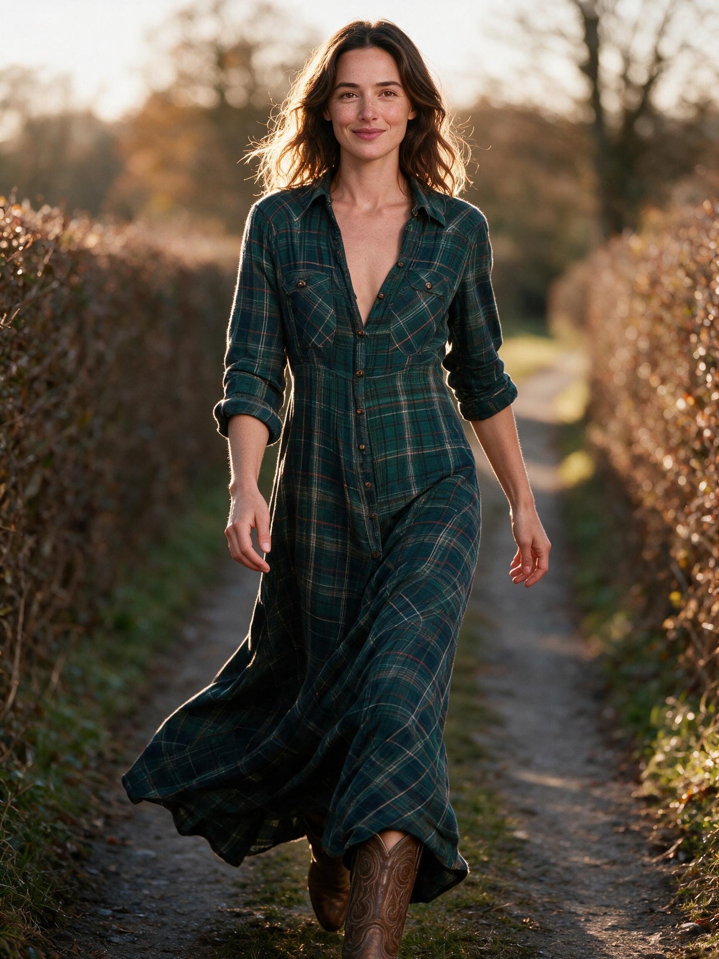Woman walking in the green Tamsin plaid flannel maxi dress along an autumn country lane