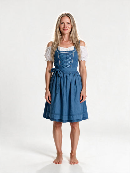 Square neck dirndl dress with apron in blue