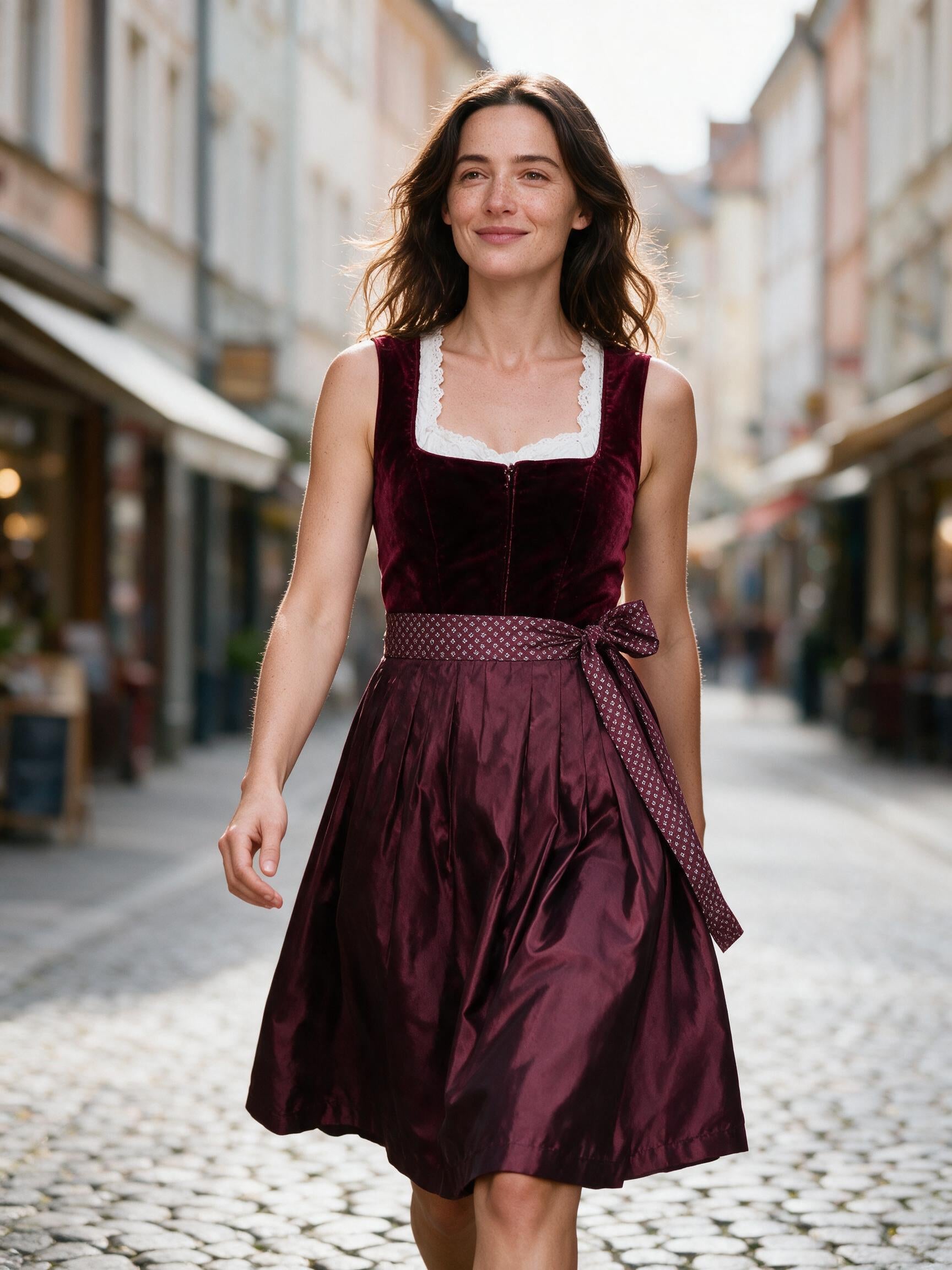 Woman walking through a Munich old-town street in the burgundy dirndl