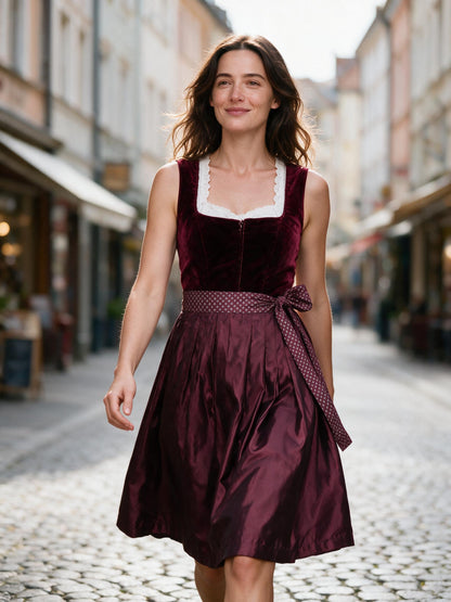 Woman walking through a Munich old-town street in the burgundy dirndl