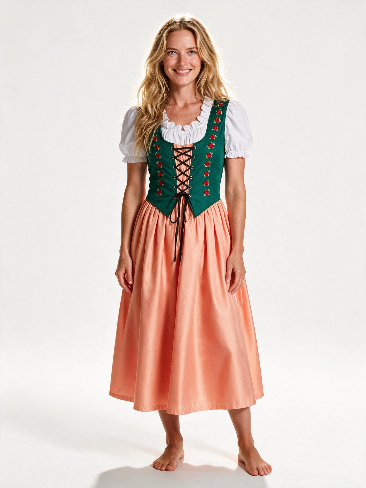 Green rose-embroidered dirndl with coral skirt, front view