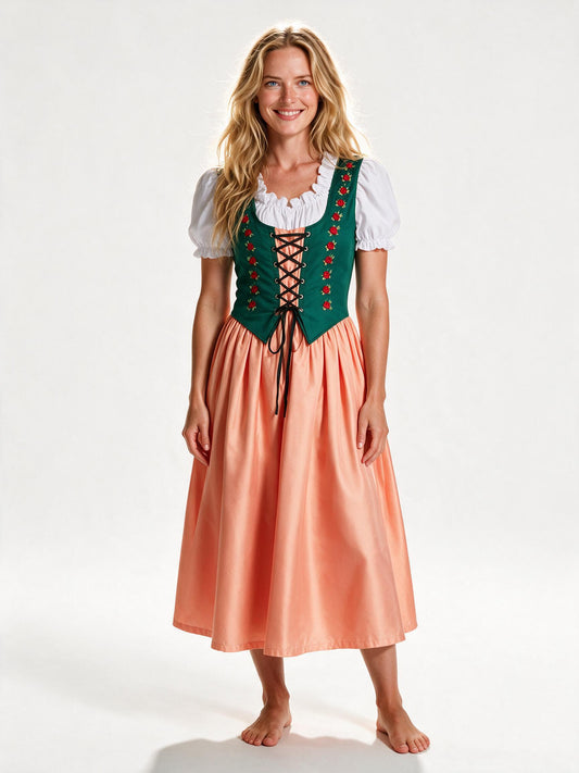 Green rose-embroidered dirndl with coral skirt, front view