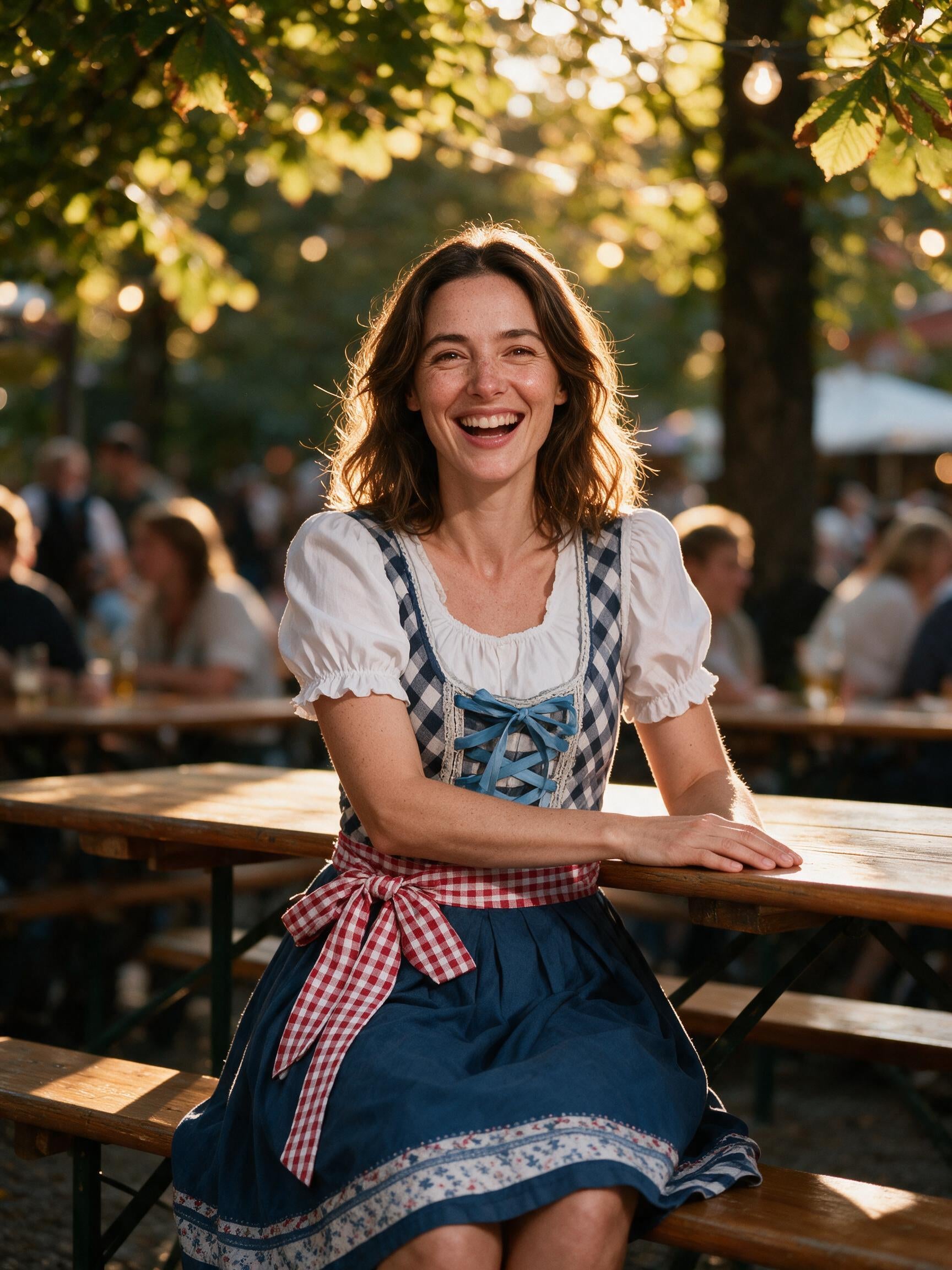 Woman wearing the blue plaid dirndl set at a Bavarian beer garden table