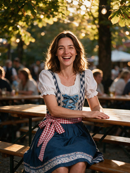 Woman wearing the blue plaid dirndl set at a Bavarian beer garden table