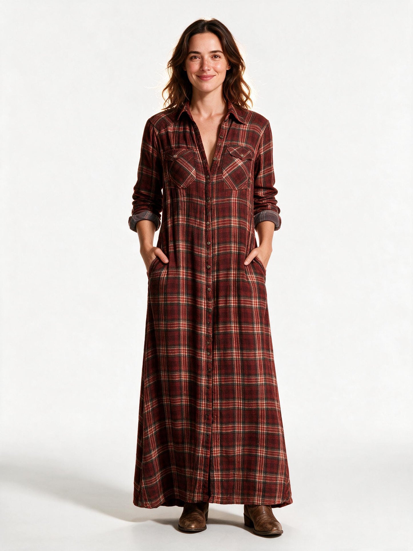 Tamsin plaid flannel maxi shirt dress in red plaid, front view on a white studio background