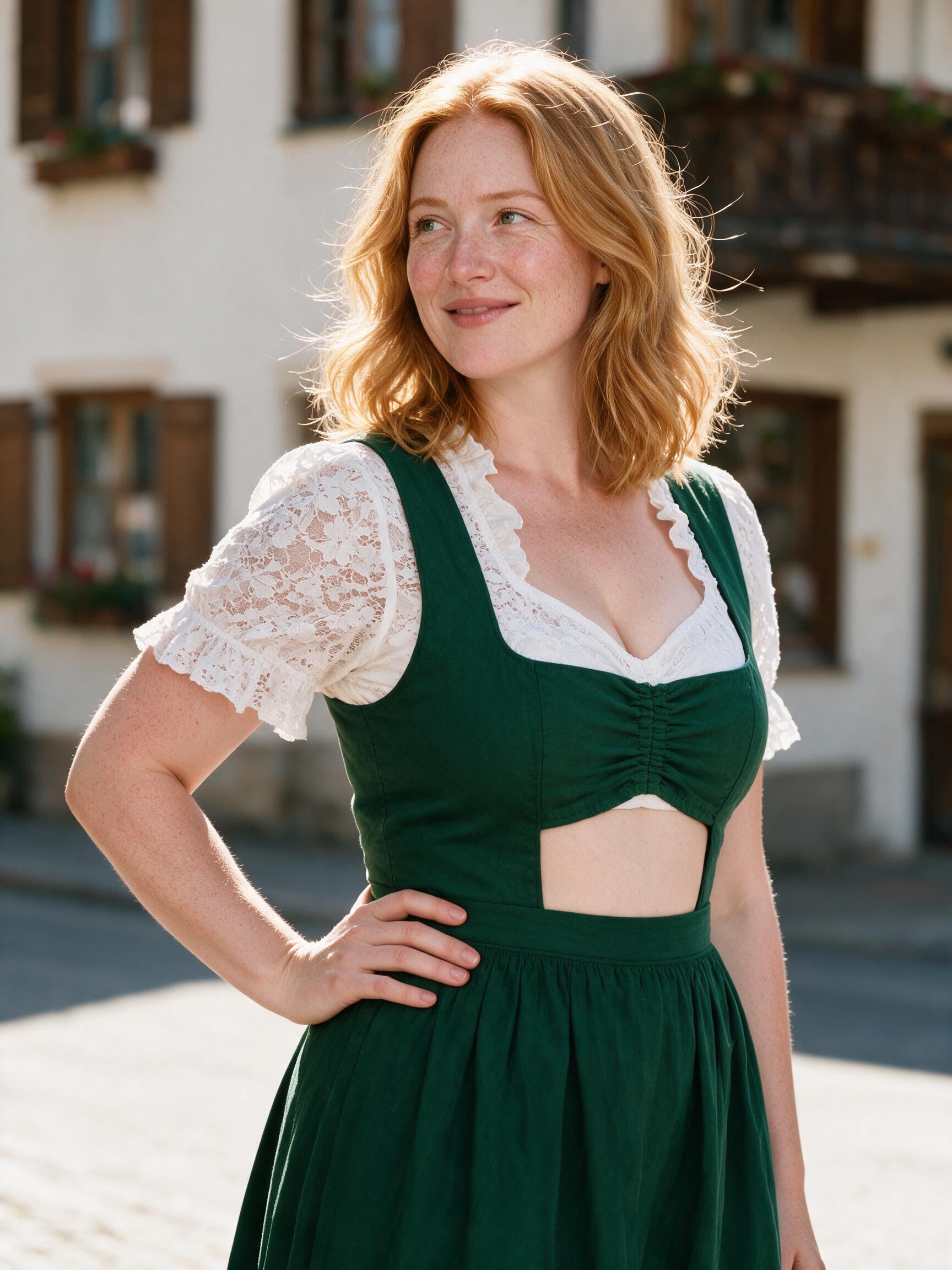 White lace dirndl blouse layered under a green dirndl on a village street