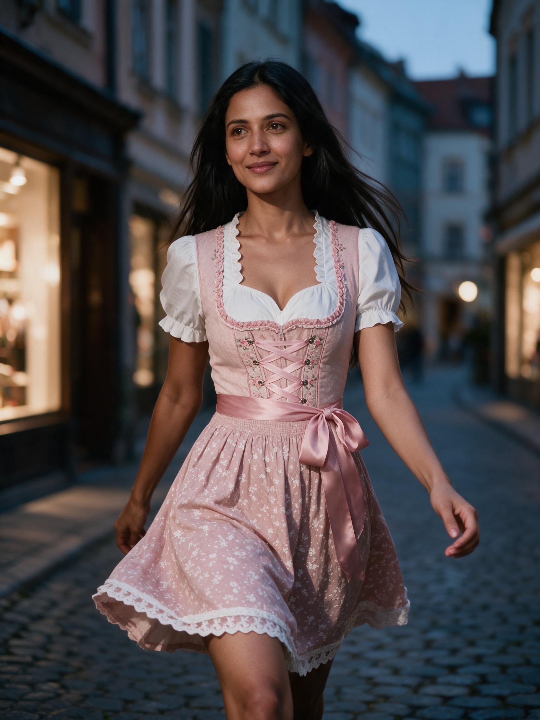 Woman walking an old-town street in the blush lace dirndl