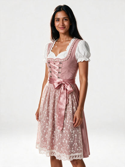 Embroidered lace apron dirndl dress in blush