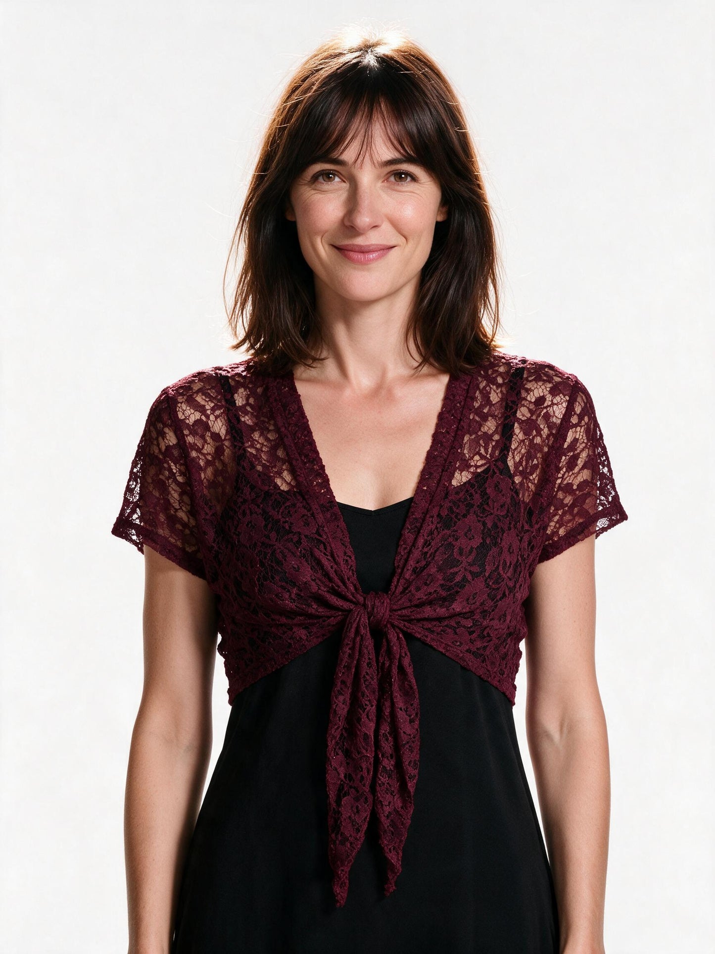 Wine red lace tie-front bolero shrug tied at the front, on white