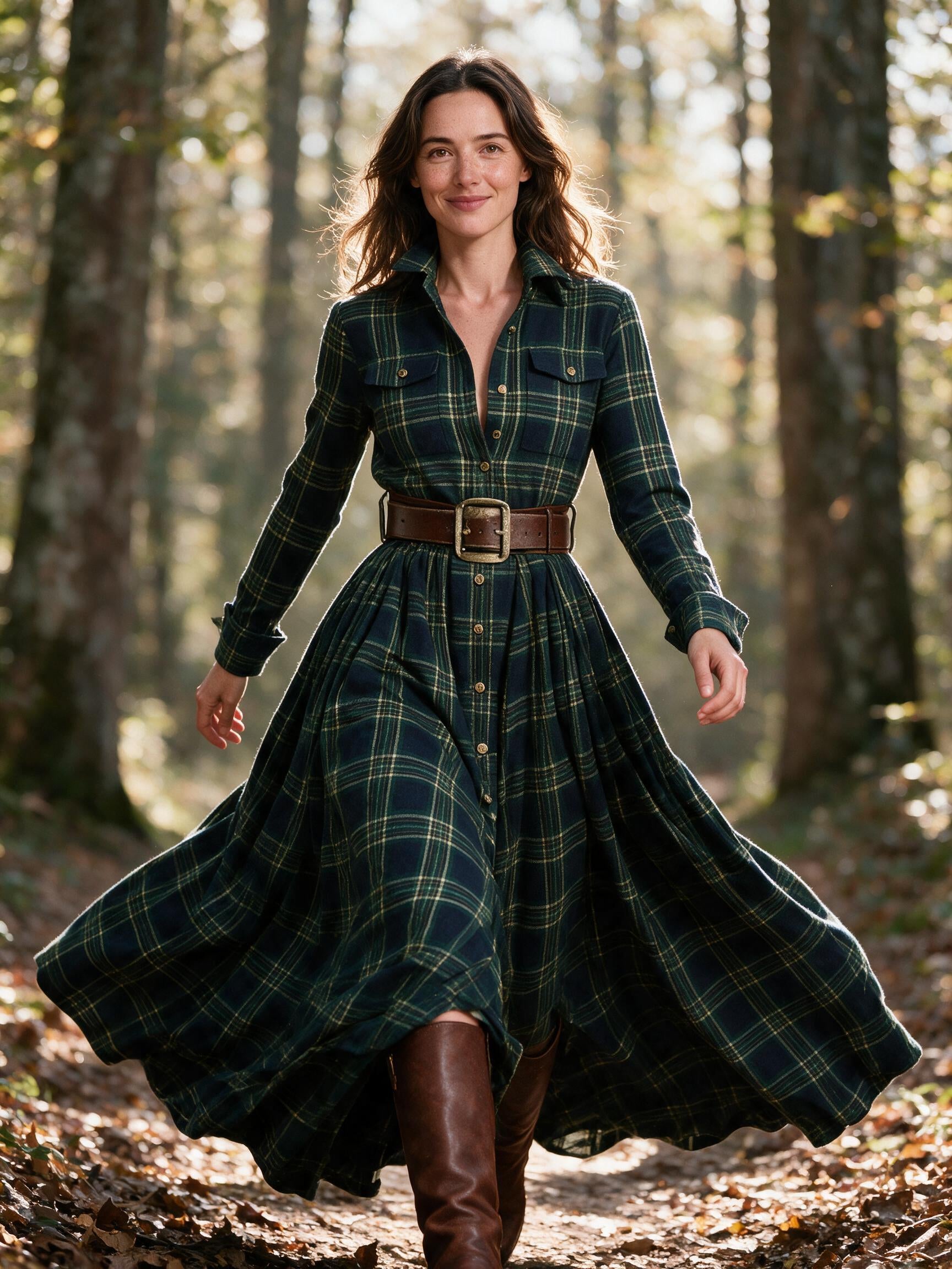 Woman walking in the green Marlowe tartan maxi dress along an autumn woodland path