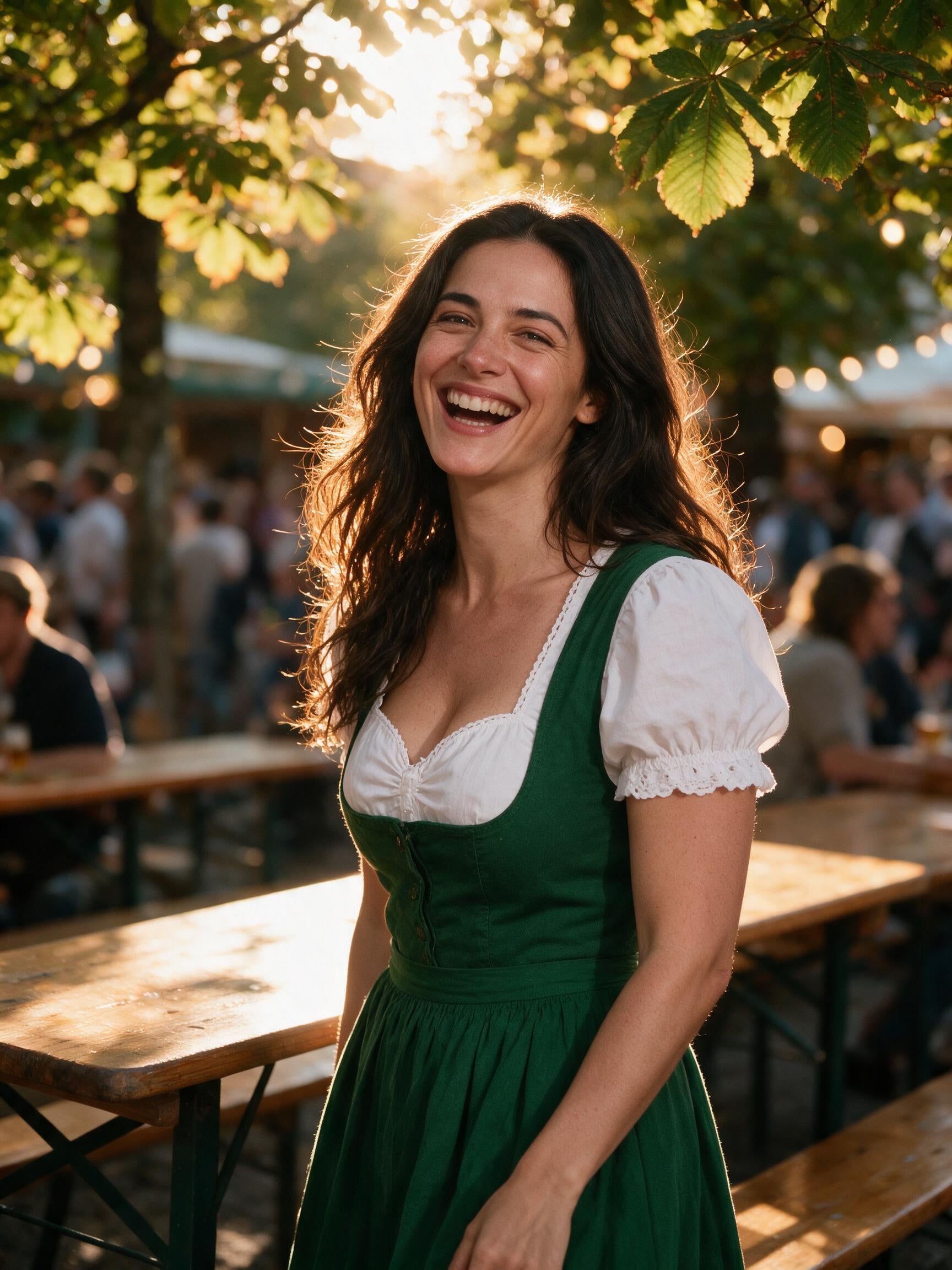 White dirndl blouse worn under a green dirndl in a Bavarian beer garden
