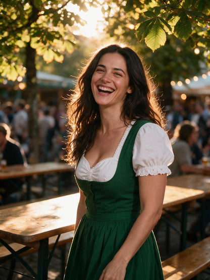 White dirndl blouse worn under a green dirndl in a Bavarian beer garden