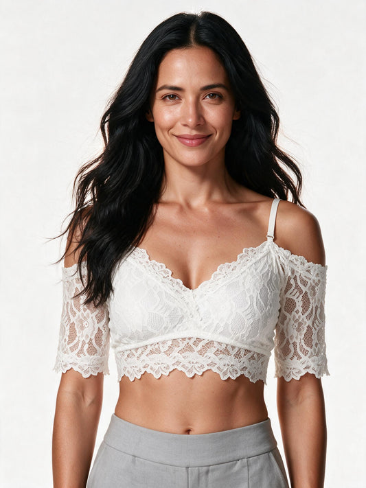 White lace dirndl blouse with adjustable straps, front view