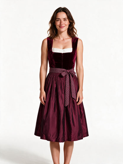 Burgundy velvet dirndl dress with matching apron, front view on white