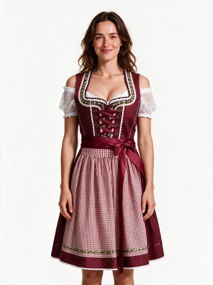 Red checked dirndl dress with laced bodice and matching apron, front view