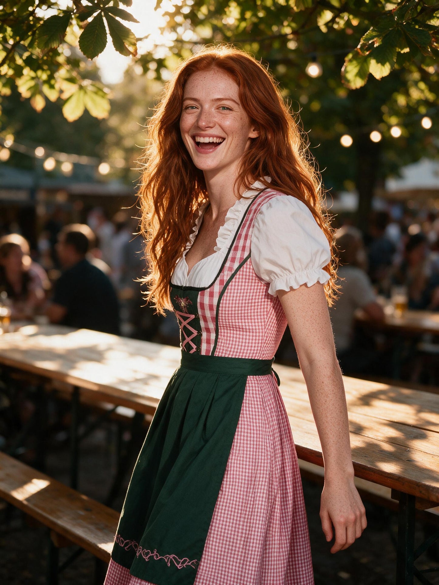 Woman wearing the pink check dirndl in a Bavarian beer garden