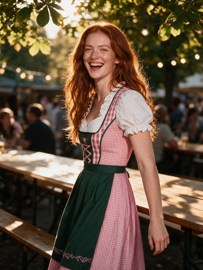 Woman wearing the pink check dirndl in a Bavarian beer garden