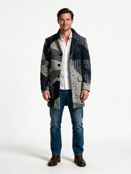 Men's tailored wool overcoat in dark blue and grey patchwork, front view