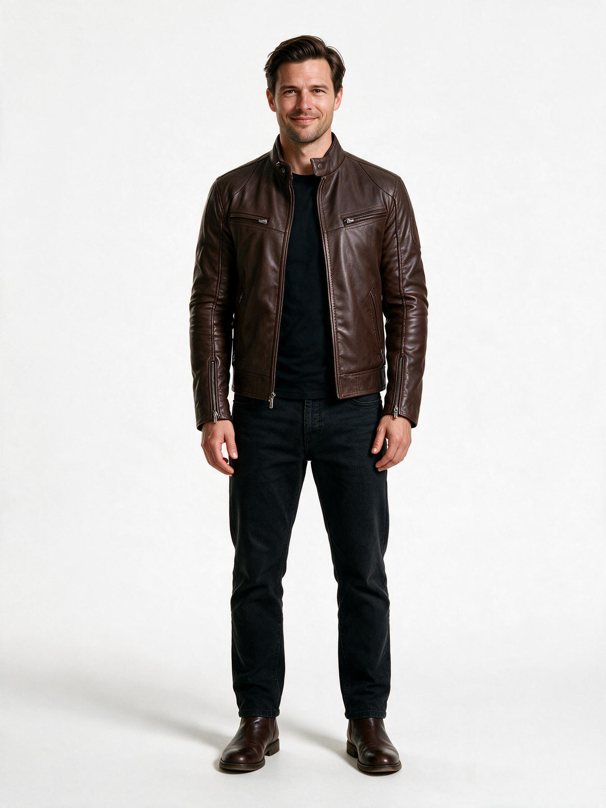Men's brown leather café racer motorcycle jacket with stand collar and zip pockets, front view
