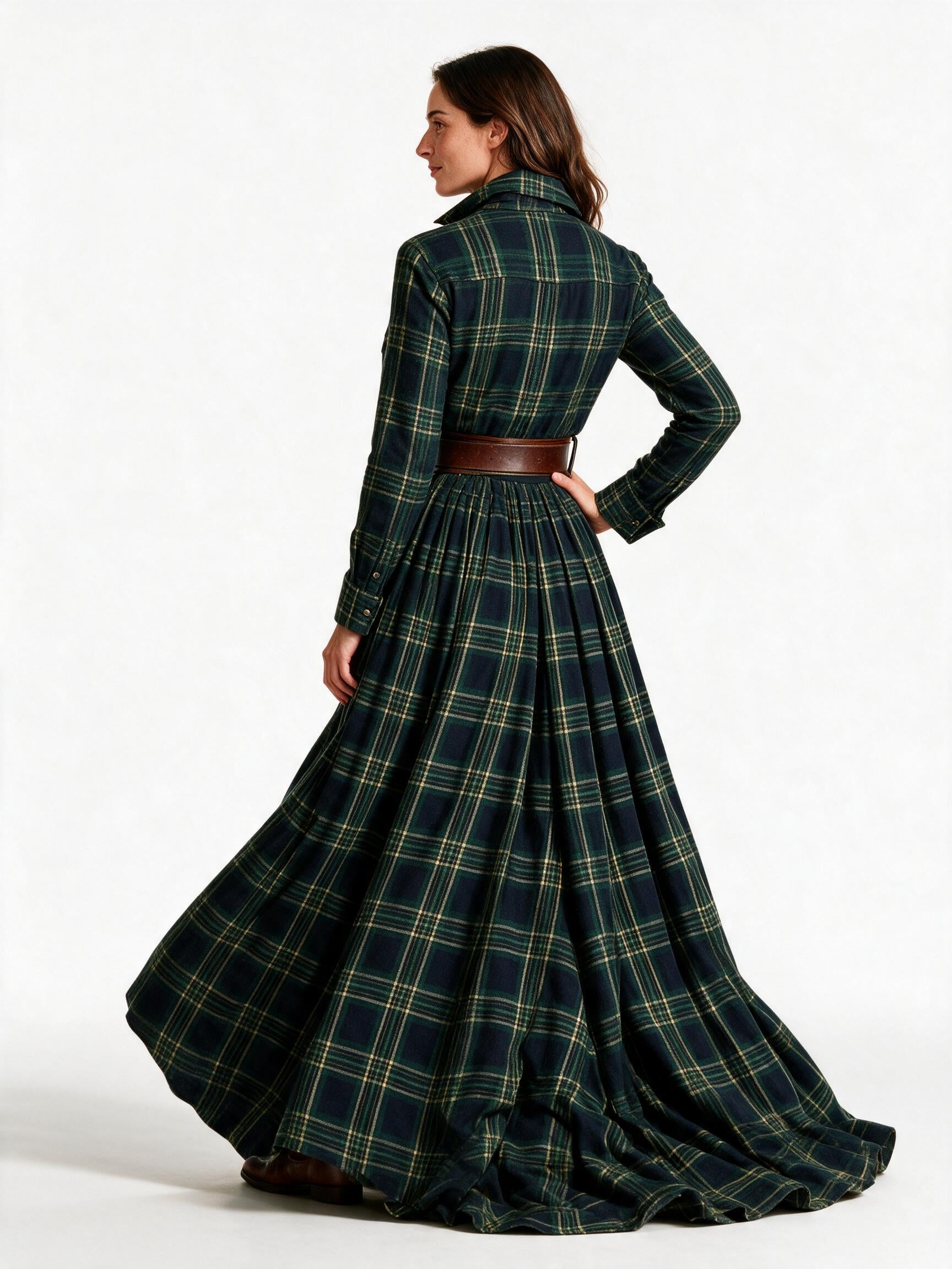 Back view of the green Marlowe tartan maxi dress showing the yoke, belt and full gathered skirt