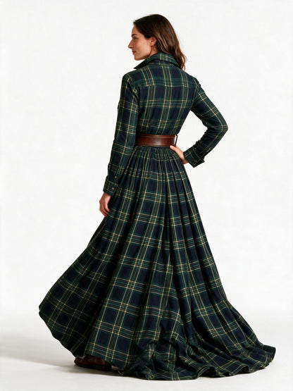 Back view of the green Marlowe tartan maxi dress showing the yoke, belt and full gathered skirt