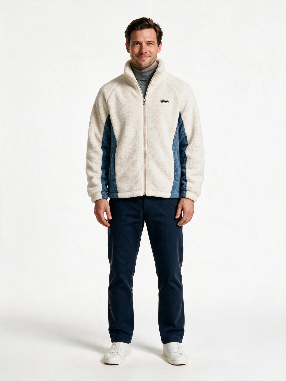 Men's sherpa fleece jacket in beige cream with steel blue side panels, front view
