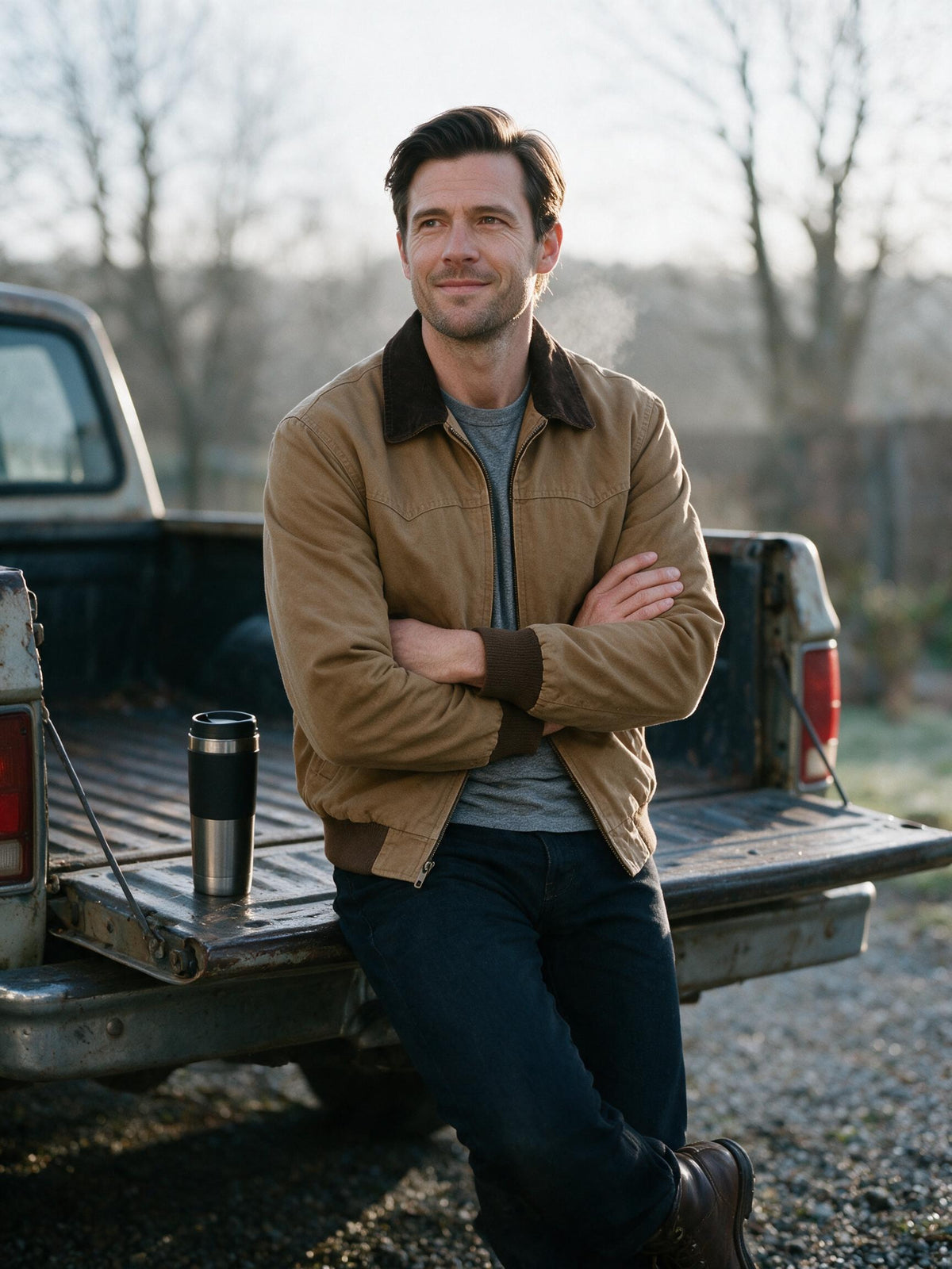Man in the khaki canvas work jacket leaning on a pickup tailgate on a cold morning
