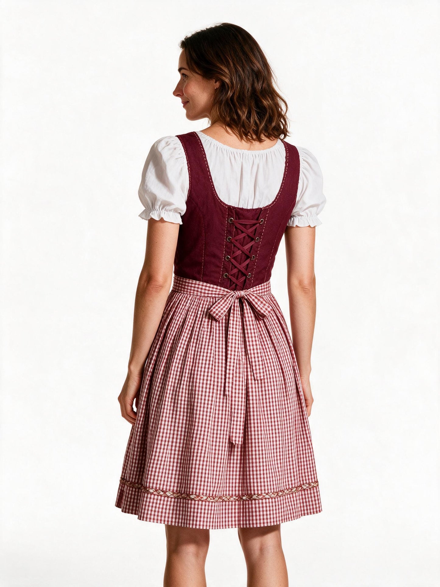 Red checked dirndl dress, back view showing the apron bow and skirt