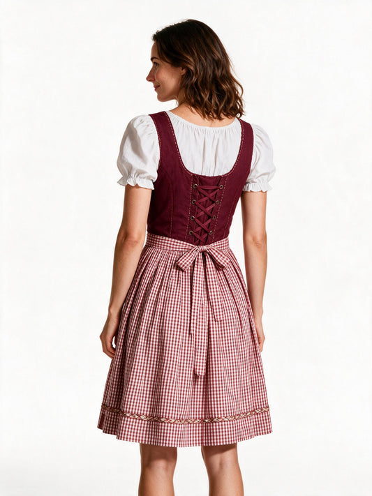 Red checked dirndl dress, back view showing the apron bow and skirt