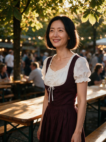 White dirndl blouse worn under a red dirndl in a Bavarian beer garden