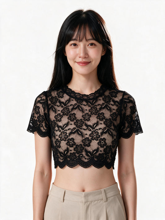 Floral lace crop top in black
