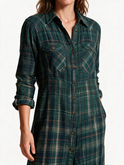 Close-up of the Tamsin brushed flannel weave, button placket and flap chest pockets