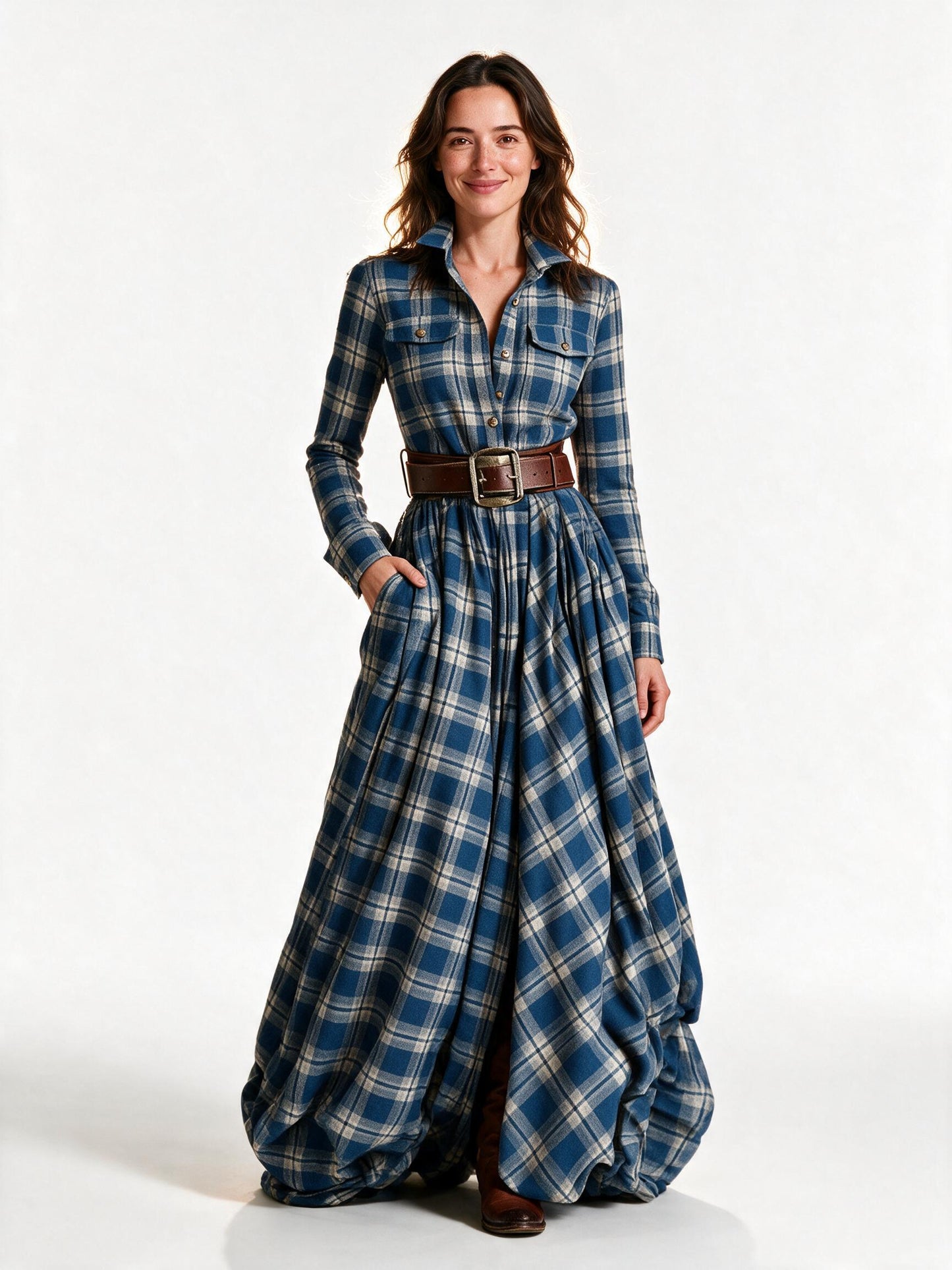 Marlowe belted tartan maxi dress in blue tartan, front view on a white studio background